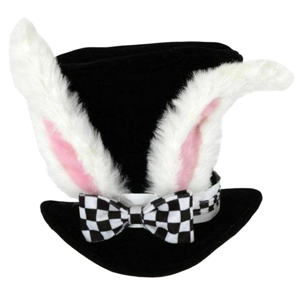 Alice in Wonderland White Rabbit Top Hat Plush Bunny Ears Black Velvet Tall Hat Checkered Bow Tie Cosplay Costume Hat for Halloween Easter Party Fancy Dress