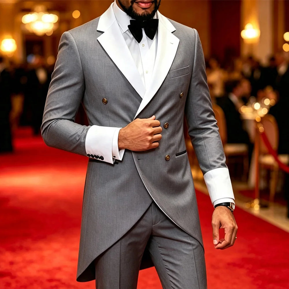 Men Tailcoat Suit 2 Pieces Double Breasted Brown Tuxedo White Contrast Lapel Cuff Groom Wedding Formal Evening Party Jacket Pants