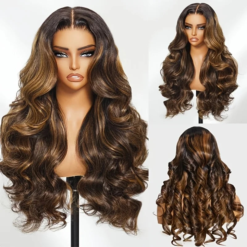Wigs for Women for Halloween Featuring Ombre Brown Highlights, a Lace Front Made of Human Hair in Shades 1B/30, with a Body Wave Design. These 4X4 Ombre Brown Wigs Have a Natural Appearance, Elegant Style