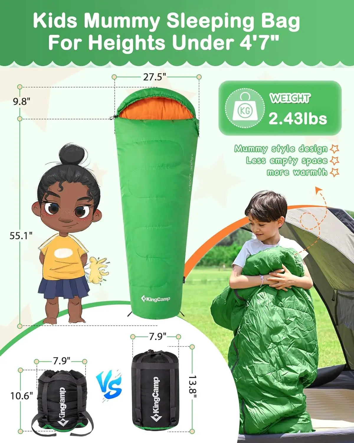 Lightweight Waterproof Flannel Sleeping Bag for Kids – Compact Camping Gear for Youth, 45°F Cold Weather Warmth, Fits Ages 10-12, Height 4'7"-5'5"