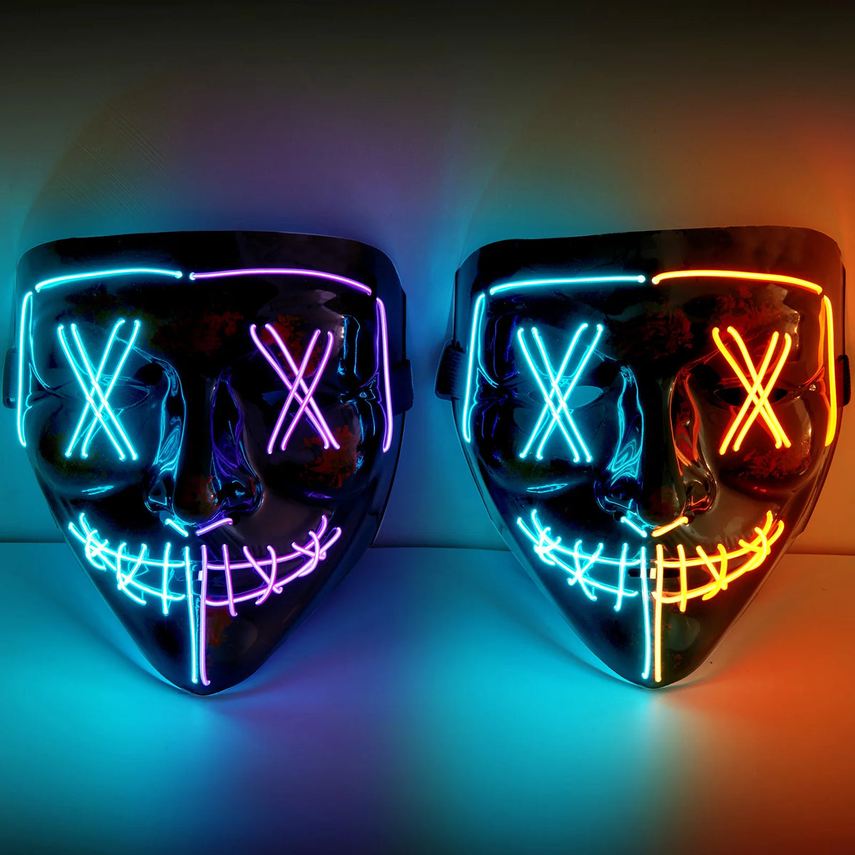 2-Pack LED Light-Up Purge Costume Masks, 3 Lighting Modes, Neon Glow Scary Face Masks for Halloween Cosplay & Masquerade Parties - Ice Blue + Blue/Red