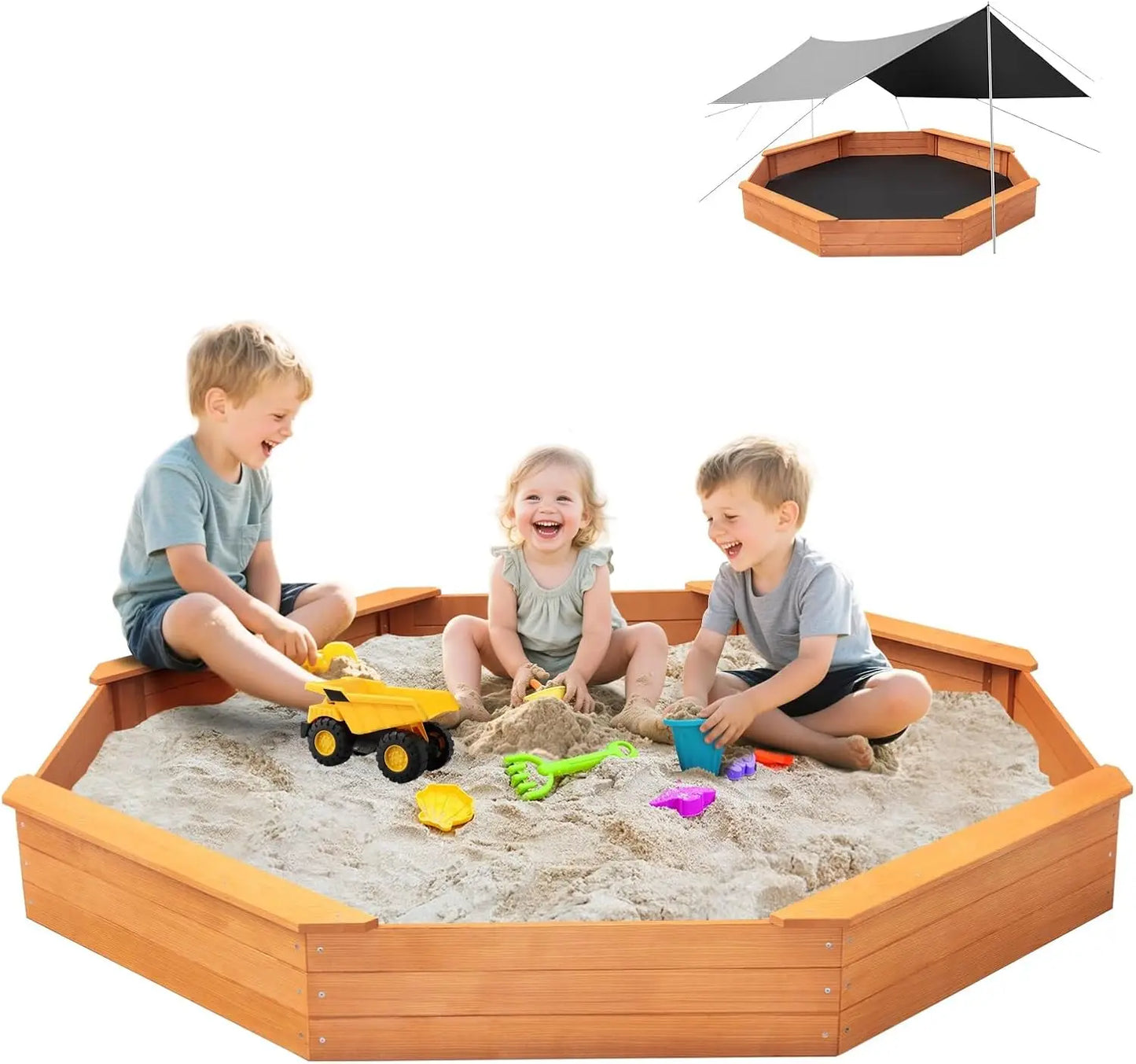 Kids Large Octagonal Wooden Outdoor Sandbox with Cover, 4 Built-in Benches Extra Large Sandpit, Bottom Liner, Playset Gift for Kids
