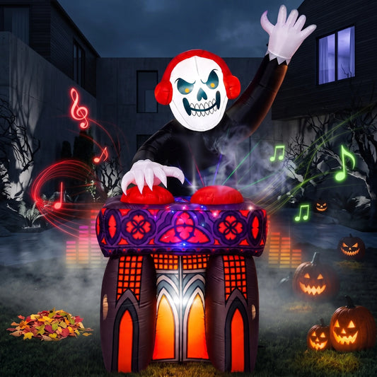 6FT DJ Skeleton Inflatable Decoration with Music Speaker & Music Track, Spooky Halloween Blow Up Decoration for Yard Lawn Indoor Outdoor, DJ Skeleton Inflatable with Music