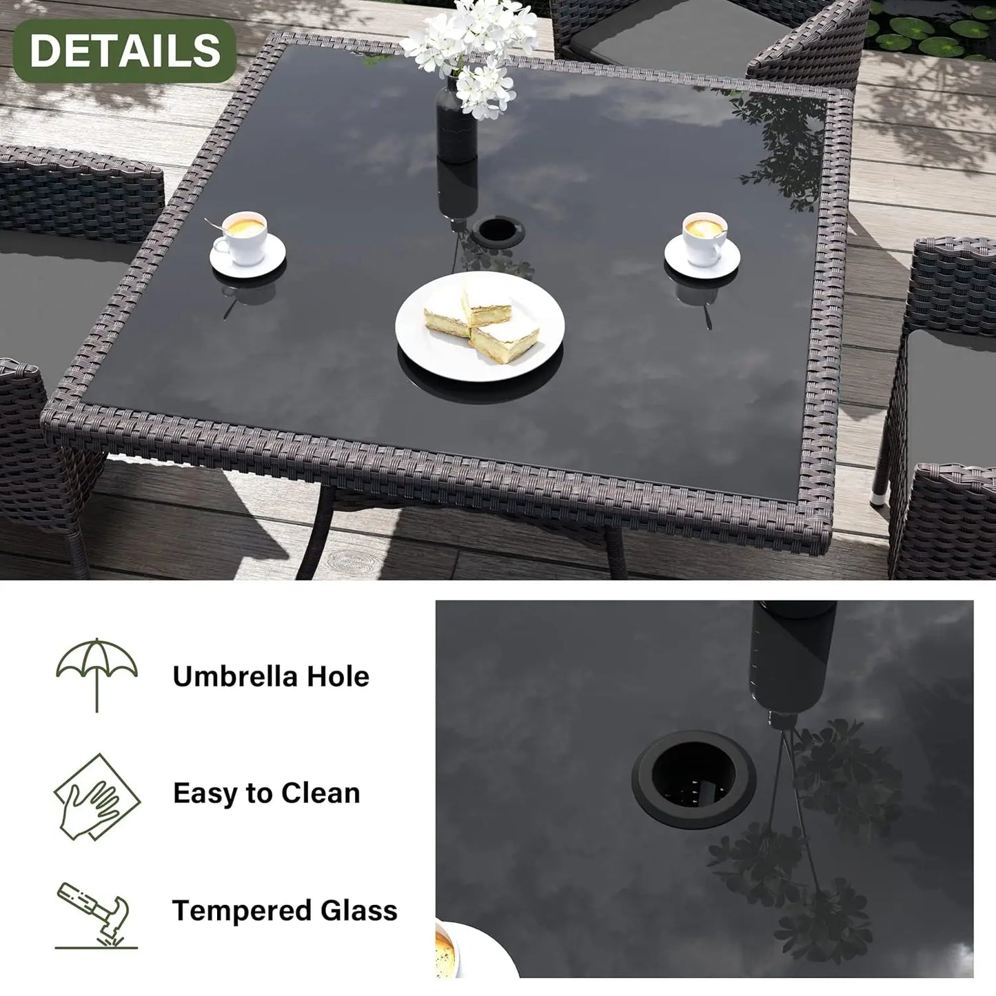 15-Piece Rattan Outdoor Dining Set Square Tempered Glass Table w Umbrella Hole & 12 Chairs Grey Customized