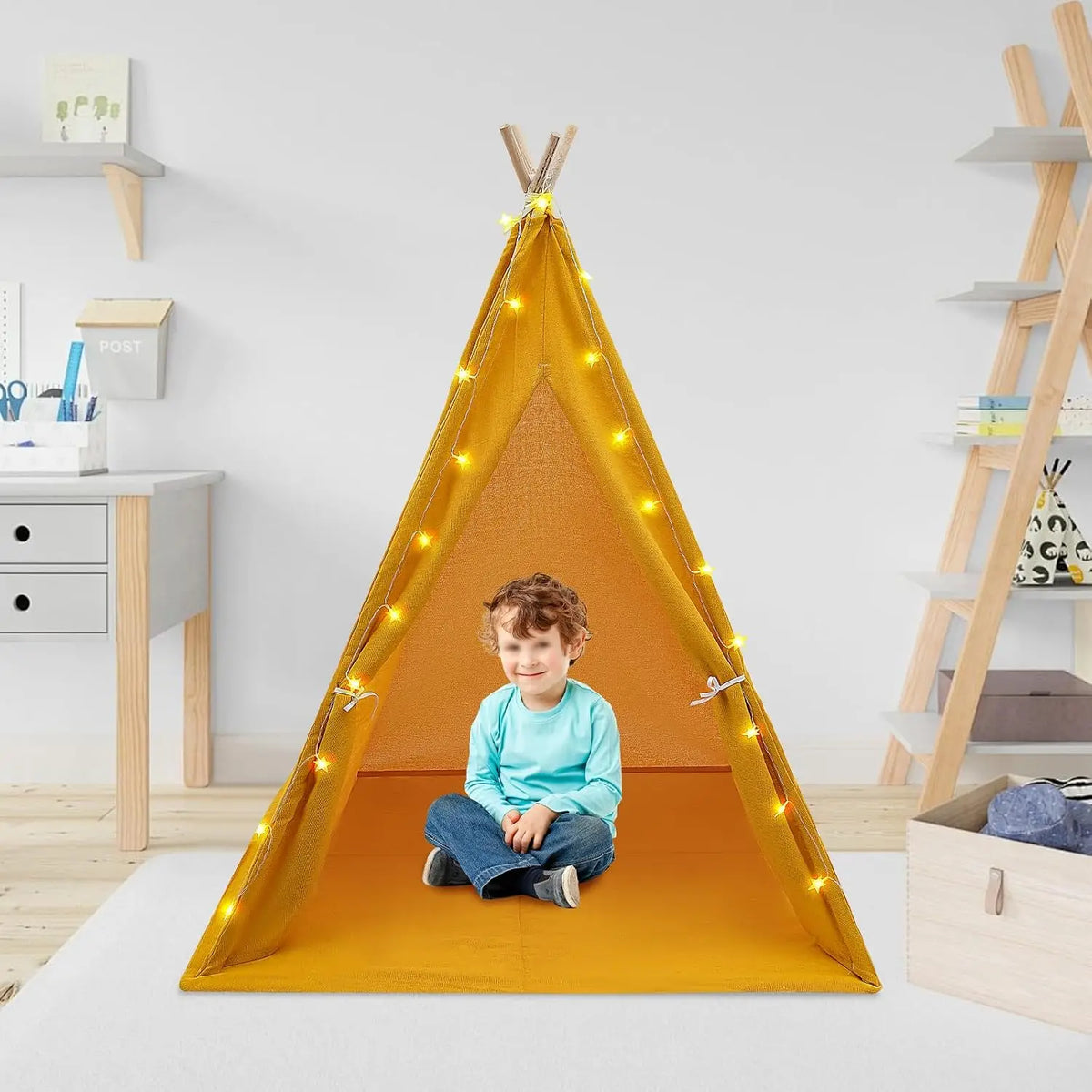 NEW Teepee Tent for Children, Children's Tent with Floor Mat and Fairy Lights, Foldable Cotton Play Tent, Playhouse for Indoor and Outdoor Use, 120 x 120 x 140 cm (Yellow)