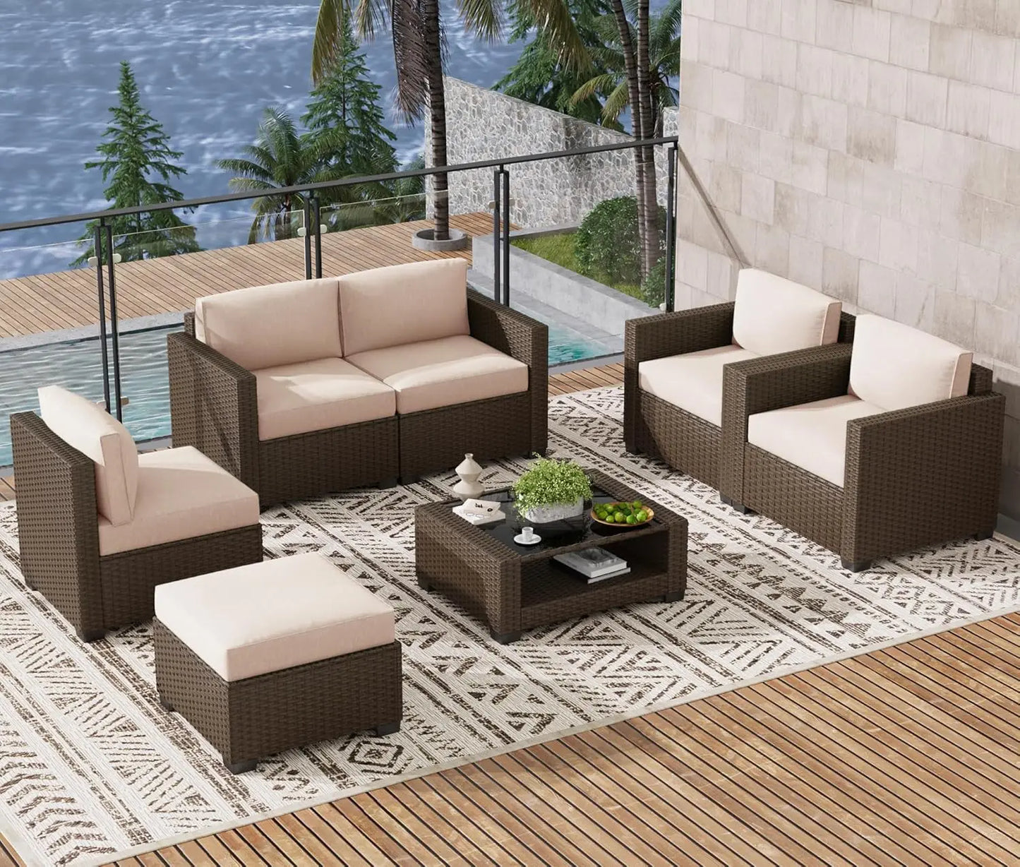 7pc Outdoor Patio Furniture Set Rattan Wicker Sectional Sofa Chairs Glass Table Cushions Brown Customized