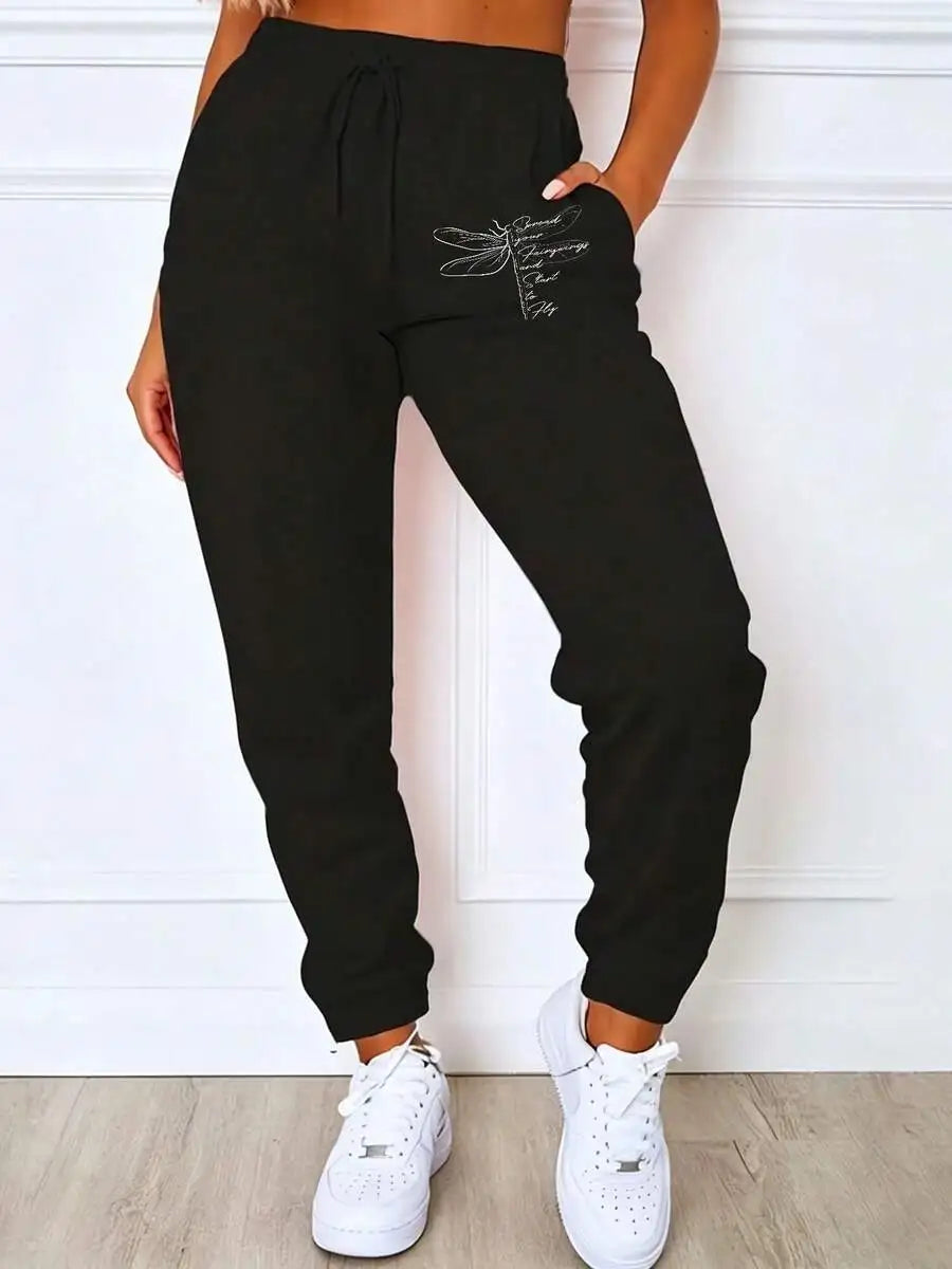 Women'S Dragonfly Graphic Sweatpants, Fashionable And Commuting, Daily Outfit, Casual Yet Appropriate, Old Money, Elastic Waist