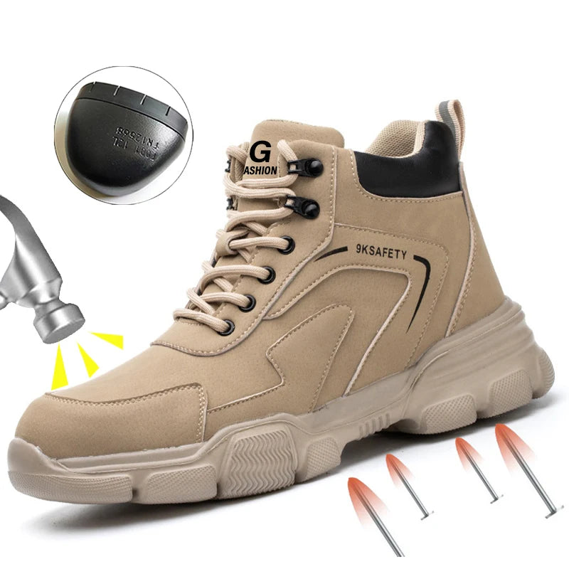 Men's & Women's Brown High-top PU Water Repellent Lightweight Anti-smash Anti-puncture Comfortable Wear Resistant Industrial Construction Work Safety Boots