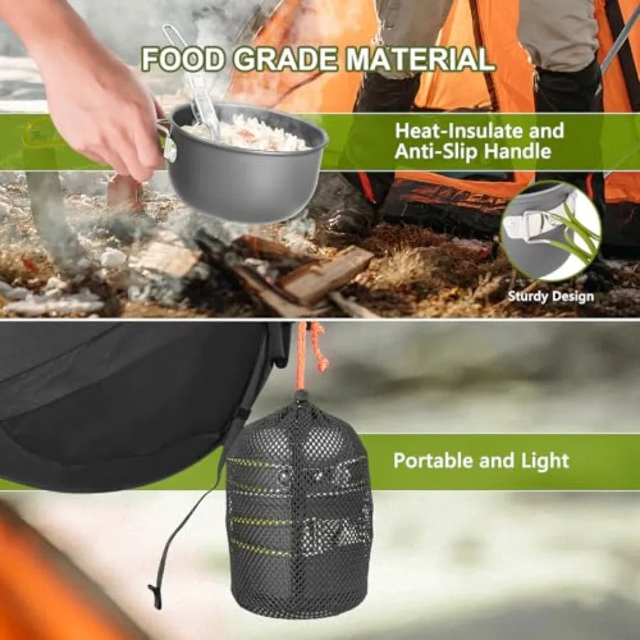 Camping Cookware Set, Portable Camping Mess Kit with Non-Stick Pots, Pans Set and Folding Fork, Lightweight Backpacking cookwar