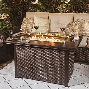 Nuu Garden Outdoor 43" 50,000 BTU Propane Gas Fire Pit Table, Ceramic Tabletop and Rattan Weaved Iron Frame, Water-Proof Oxford