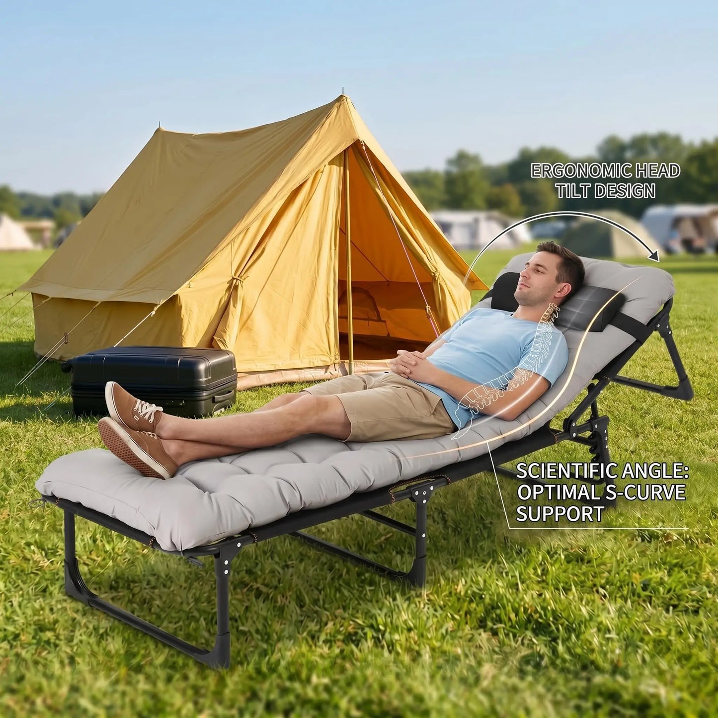 170/190/200cm Foldable Camping Cot For Adults With Mattress & Pillow, 5-Position Adjustable Portable Guest Bed, 400lb Capacity