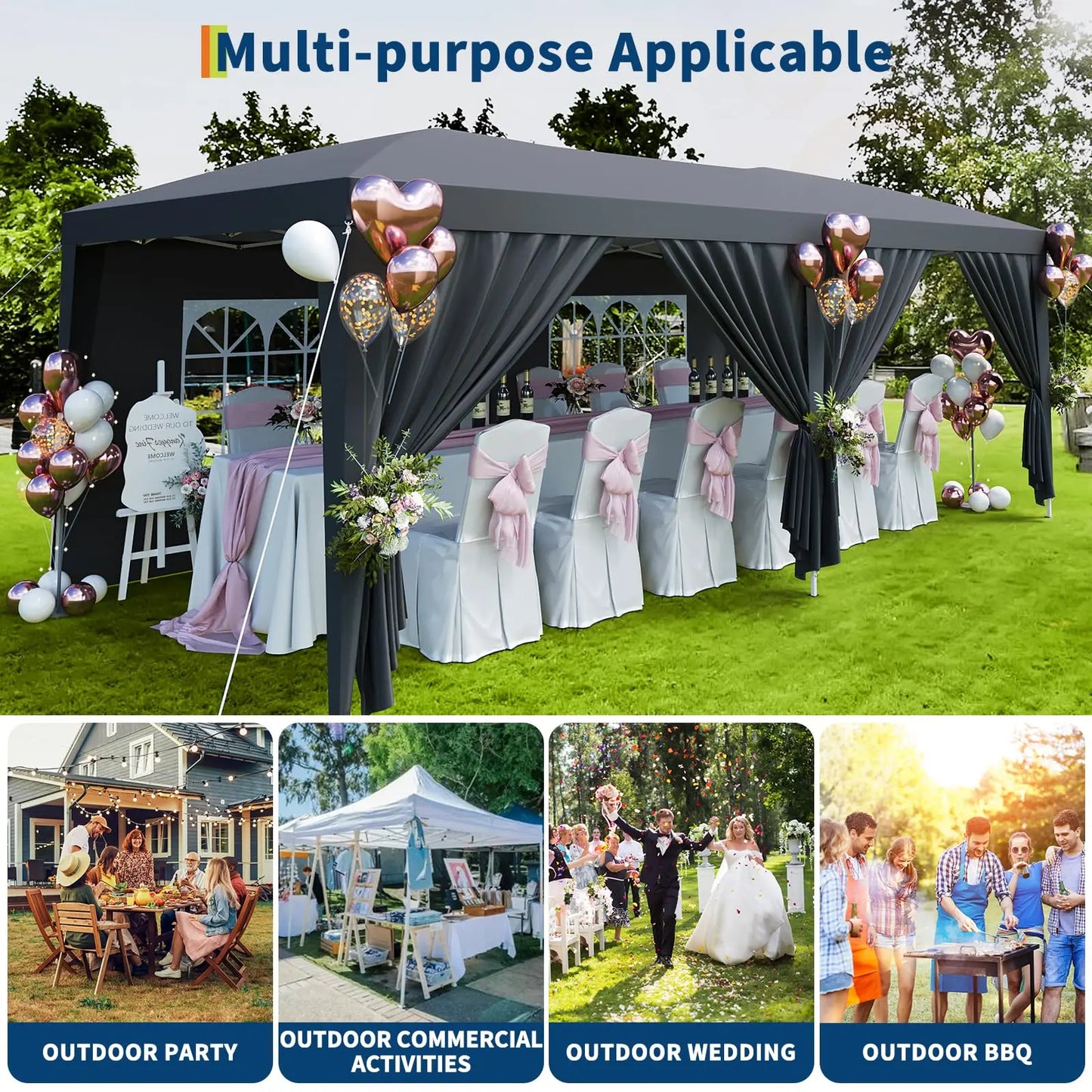 10x20 Pop Up Canopy Tent With 6 Removable Sidewalls, Heavy Duty Commercial Canopy, Waterproof Party Tent, 3 Heights