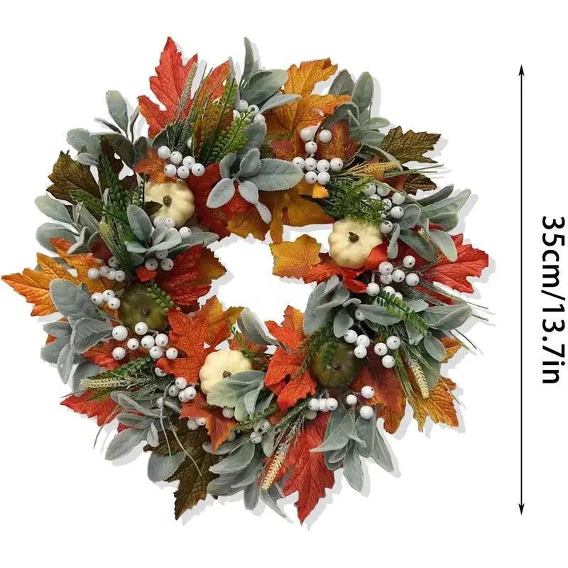 Fall Wreaths for Front Door,Thanksgiving Autumn Door Wreath with Maple Leaf,Pumpkin,Berries and Green Leaves,Pumpkin Fall Leaves Wreaths for Front Door,Wall and Fireplace