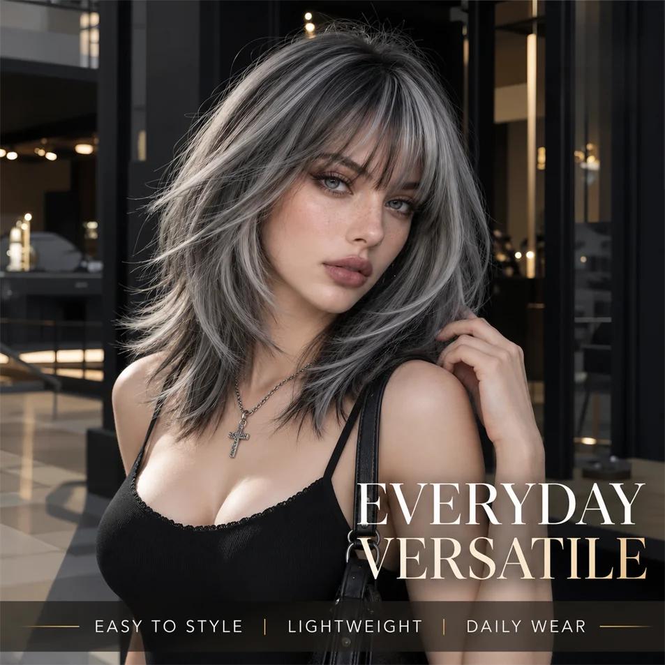 TopShe 18 inch Grey Wave Synthetic Wig Curly for Woman Shoulder Length Heat-Resistant Silver-Grey Hall Wig Layered Medium Length Shaggy Hair Wig Display Costume Party Daily Wear Natural Ash Grey Salt and Pepper Hairpiece Feat