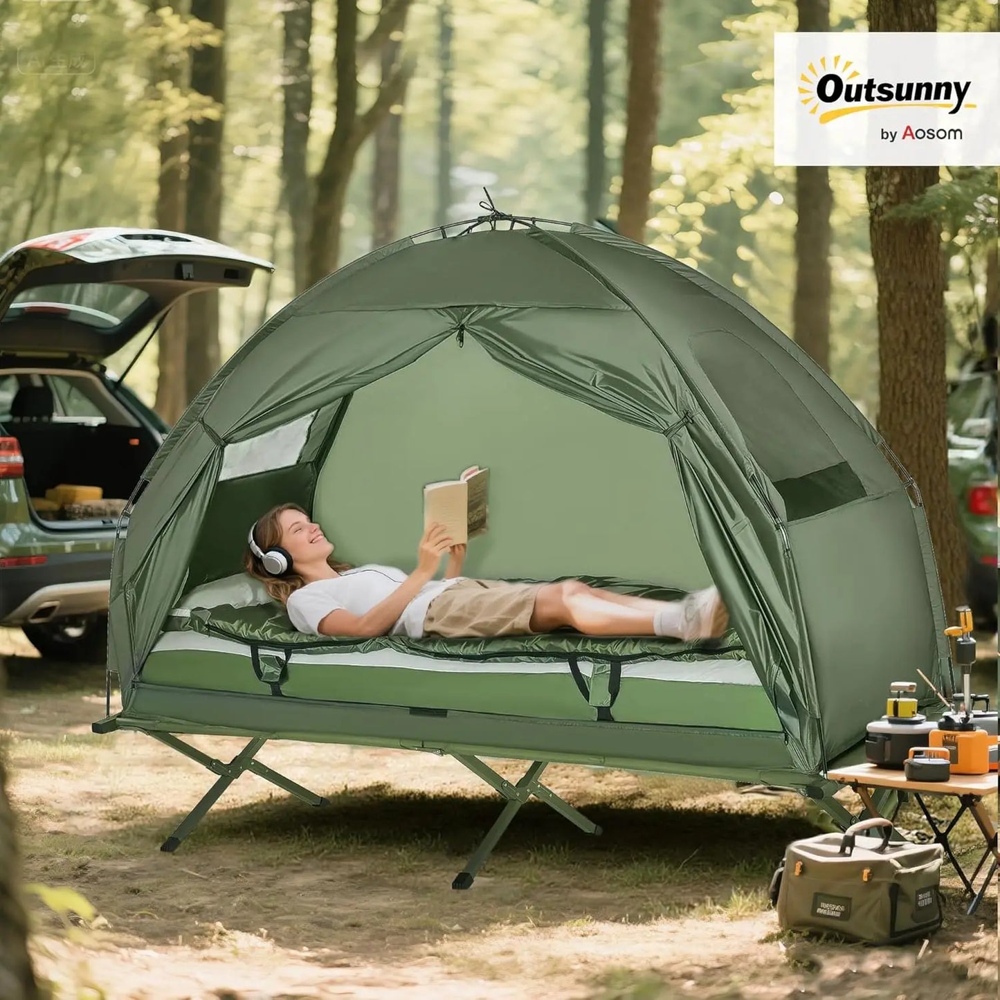 6-in-1 Folding Camp Tent Cot with Mattress, Pillow, Sleeping Bag, Bed Cover, Roller Bag - Off Ground Travel Cot for Hiking, Backpacking, Picnic