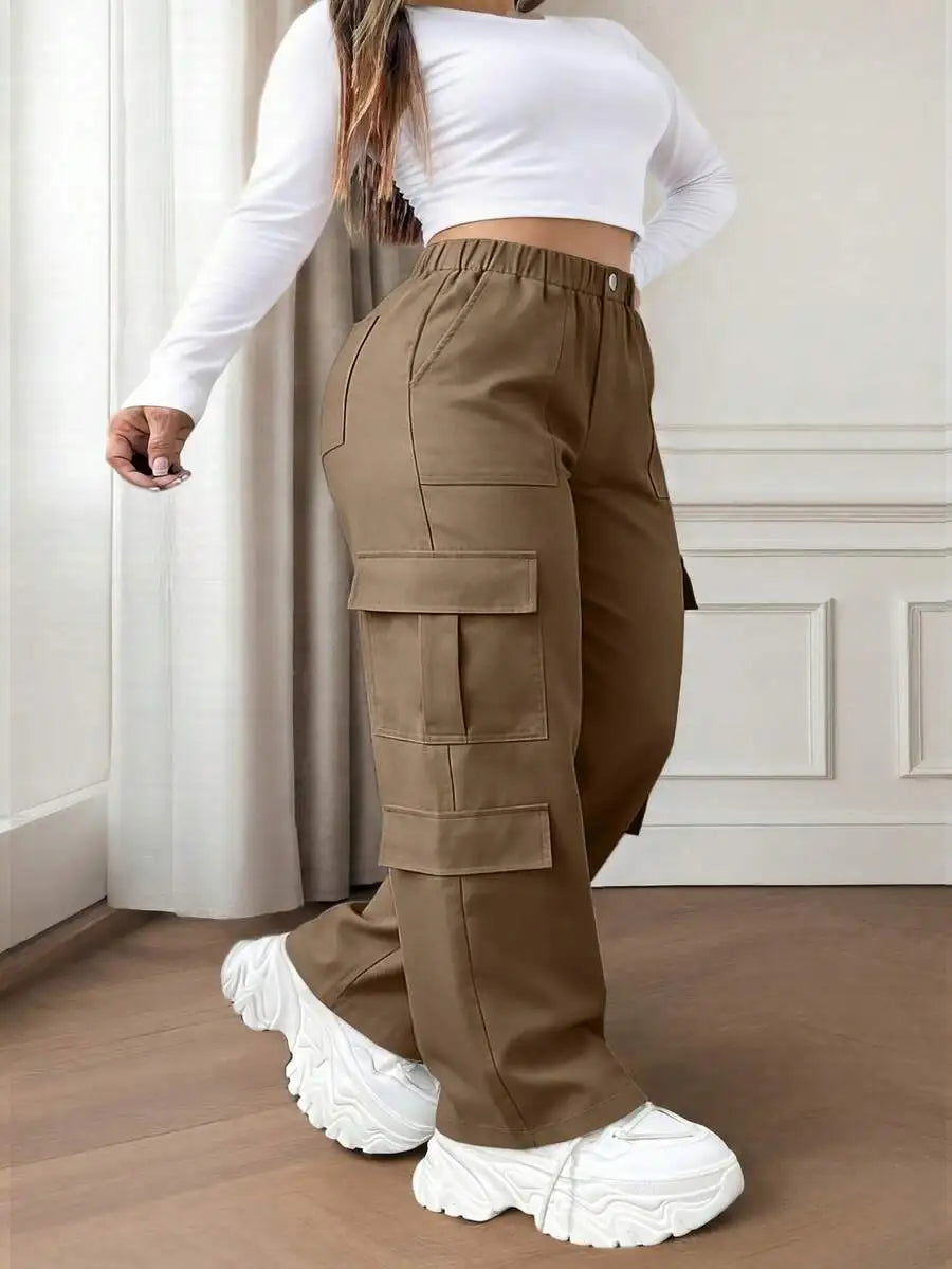 Olive Green Button Pocket Elegant Casual Commute Minimalist Cute Y2K Loose Straight Leg Non-Stretch Lightweight Plus Size Cargo