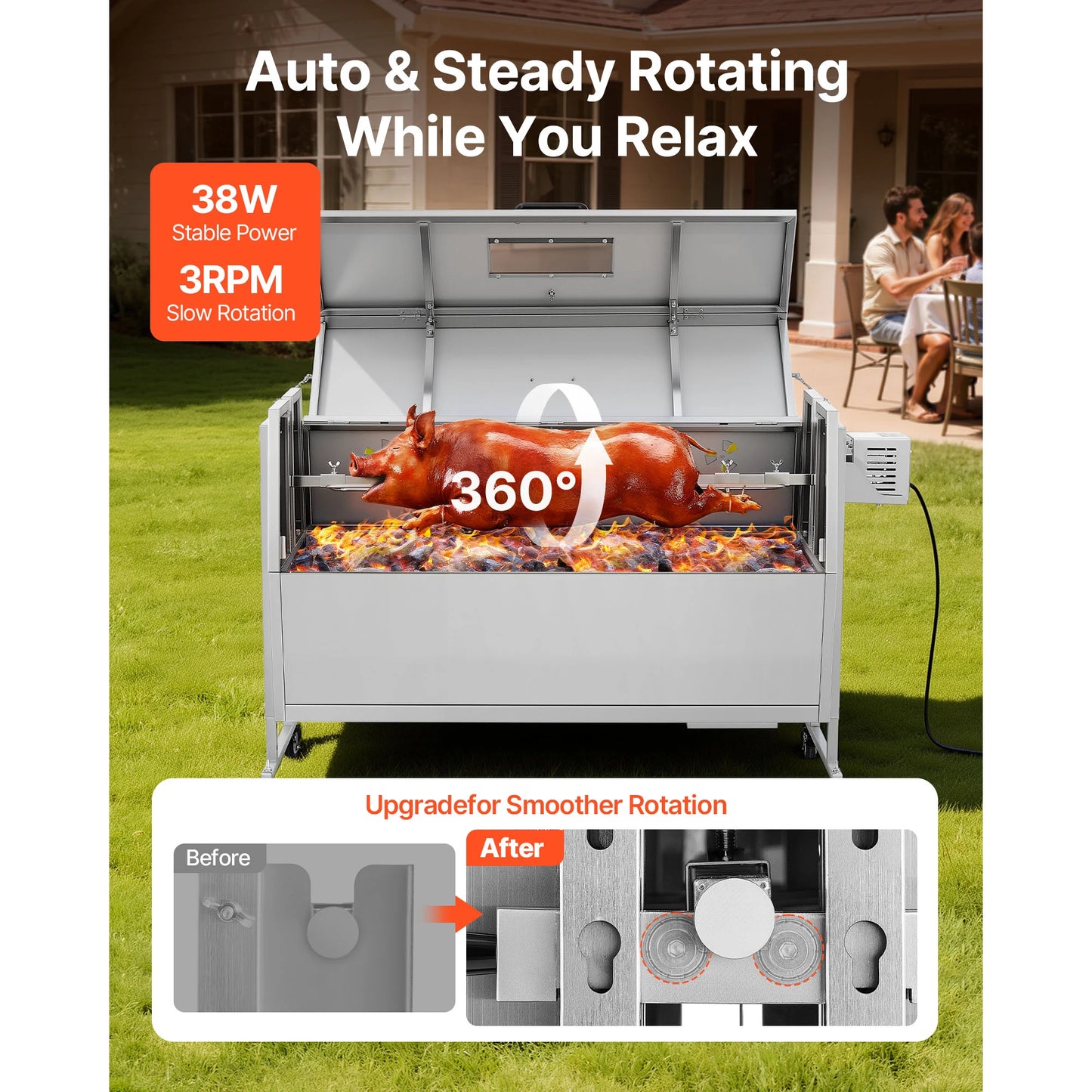 SucceBuy 46/52inch Rotisserie Grill Stainless Steel Rotisserie Grill Kit BBQ Outdoor Pig & Lamb Spit Roaster Charcoal Spit Roast