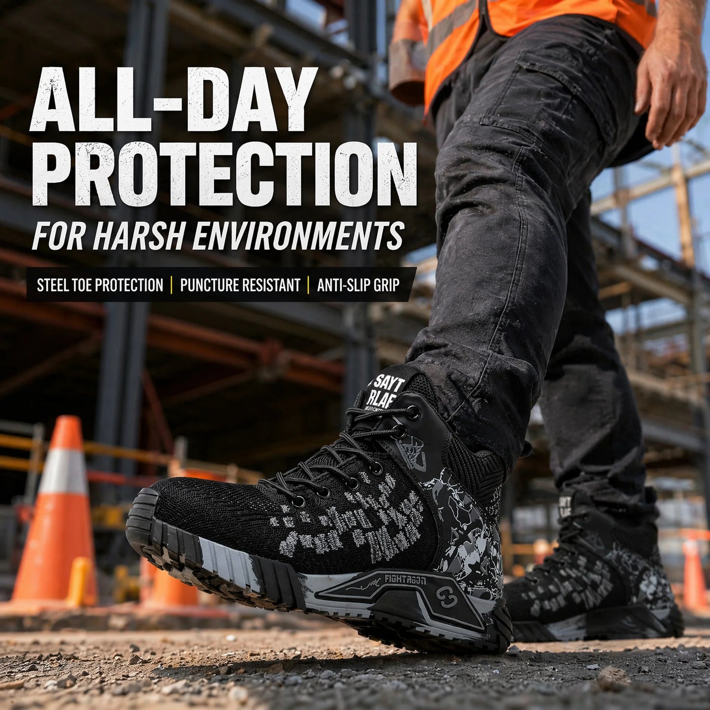 Breathable Camo Men Indestructible Steel Toe Construction Work Boots Anti-smash Stab-resistant Safety Shoes Biker Botas Para Hombre