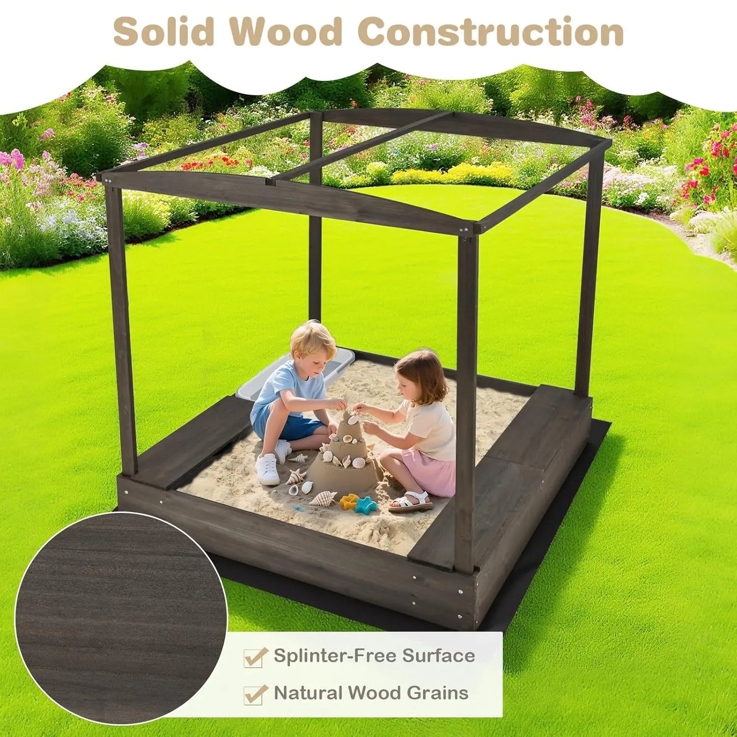 Kids Wooden Sandbox with Canopy, Large Sand Pit w/Mesh Door, Windows, Bench Seats, Foldable Storage Box & Bottom, Customized