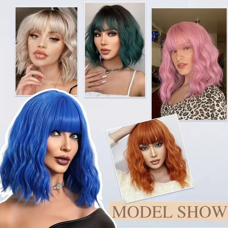Bob Wig With Bangs 12 Inch Short Wavy Bob Wig Synthetic Blue Orange Pink Yellow Purple Red Wigs For Women Cosplay Halloween Kpop Daily Use