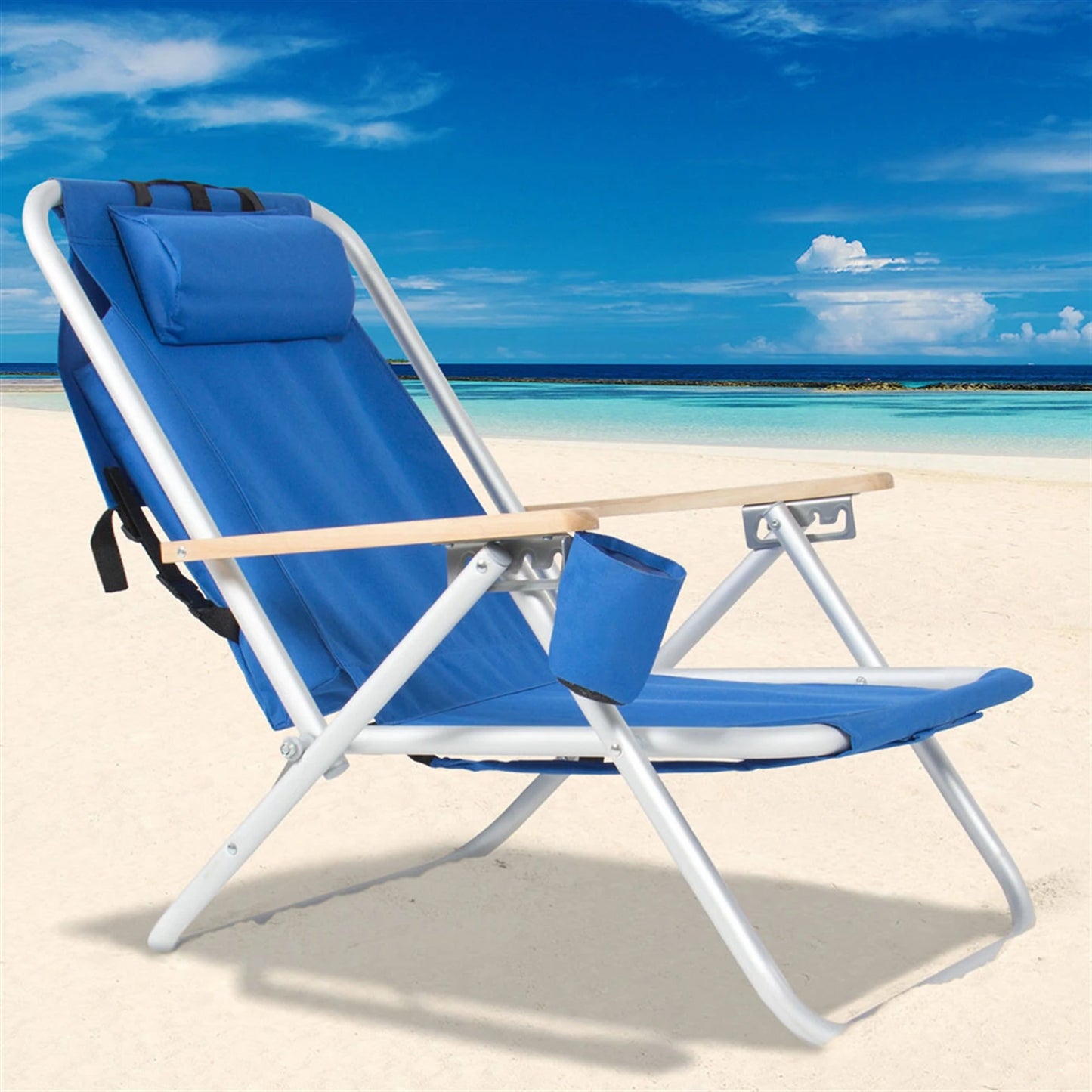 Portable High Strength Beach Chair with Adjustable Headrest Foldable Outdoor Camping Chair 600D Fabric Cup Holder Heavy Blue