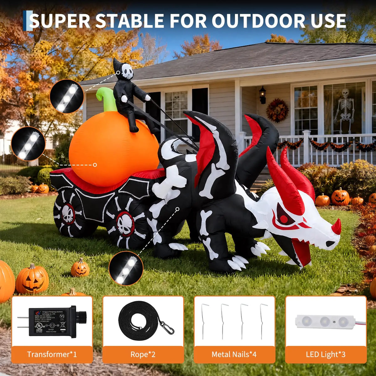 12ft Grim Reaper Dragon Carriage Halloween Inflatable With 3 Led Lights, Outdoor Yard Decoration For Lawn Porch Garden Party Display