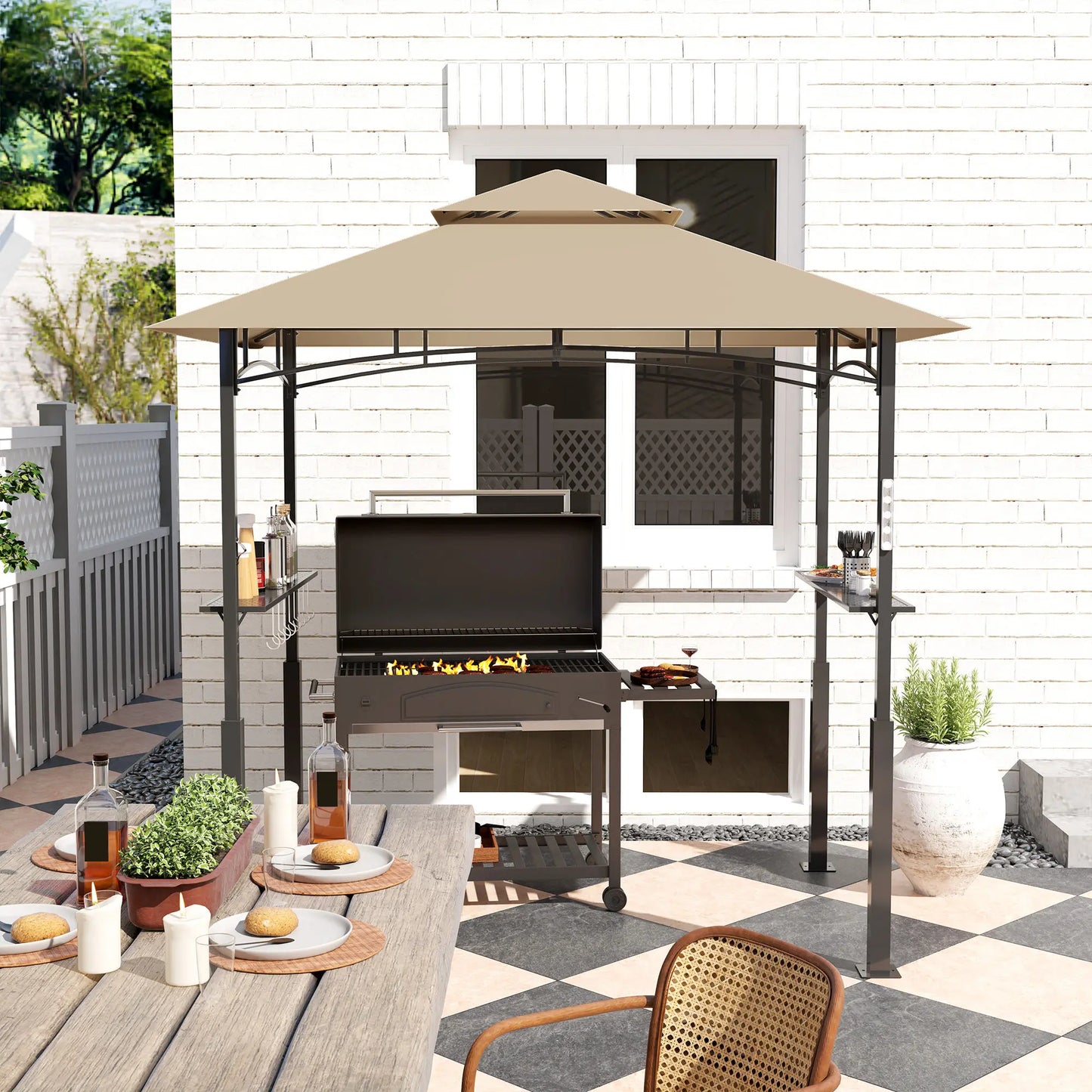 8' X 5' Grill Gazebo, 2-Tier Outdoor Bbq Gazebo, Khaki