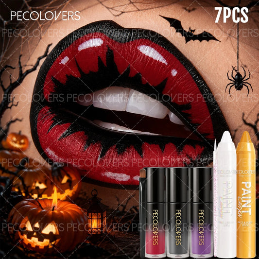 7PCS/SET Halloween Face And Lip Paint Set, 2 Paint Pens, 3 Liquid Lip Colors, 1 Detail Brush, 1 Beauty Tool, Quick-Dry Smudge-Proof Formula, Long-Wear Non-Sticky Finish, Great for Spooky Holiday Looks