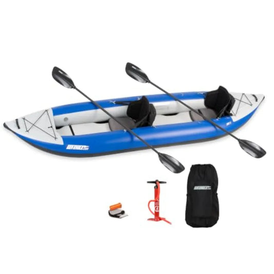 Explorer Inflatable Tandem Kayak For Outdoor Recreation, PVC Material, Blue And Gray, Lightweight And Easy To Transport