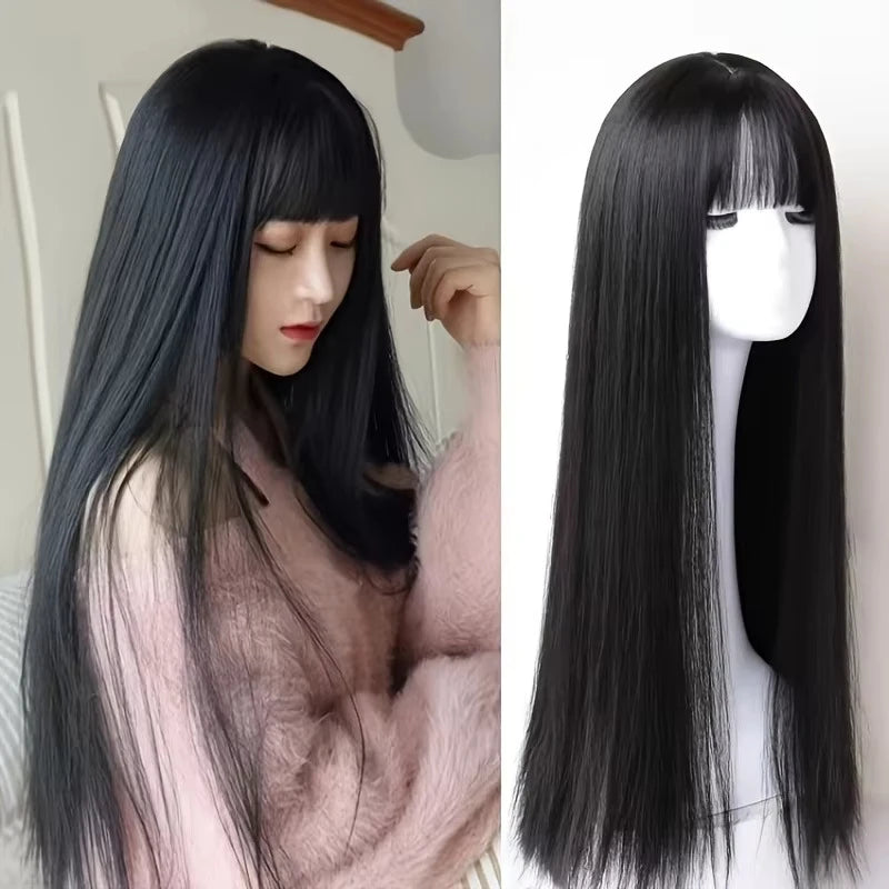 Black Long Straight Hair Synthetic Wig for Halloween Party Cosplay Wig for Daily Use, High-Temperature Hair Accessory Wig