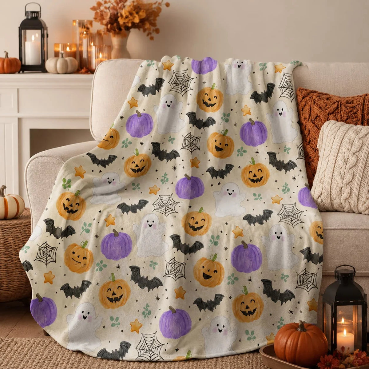 Halloween Ghost Pumpkin Bat Doodle Fleece Blanket, Cute Spooky Autumn Throw, Cozy Fall Purple Orange Black Blanket, Seasonal Home Décor