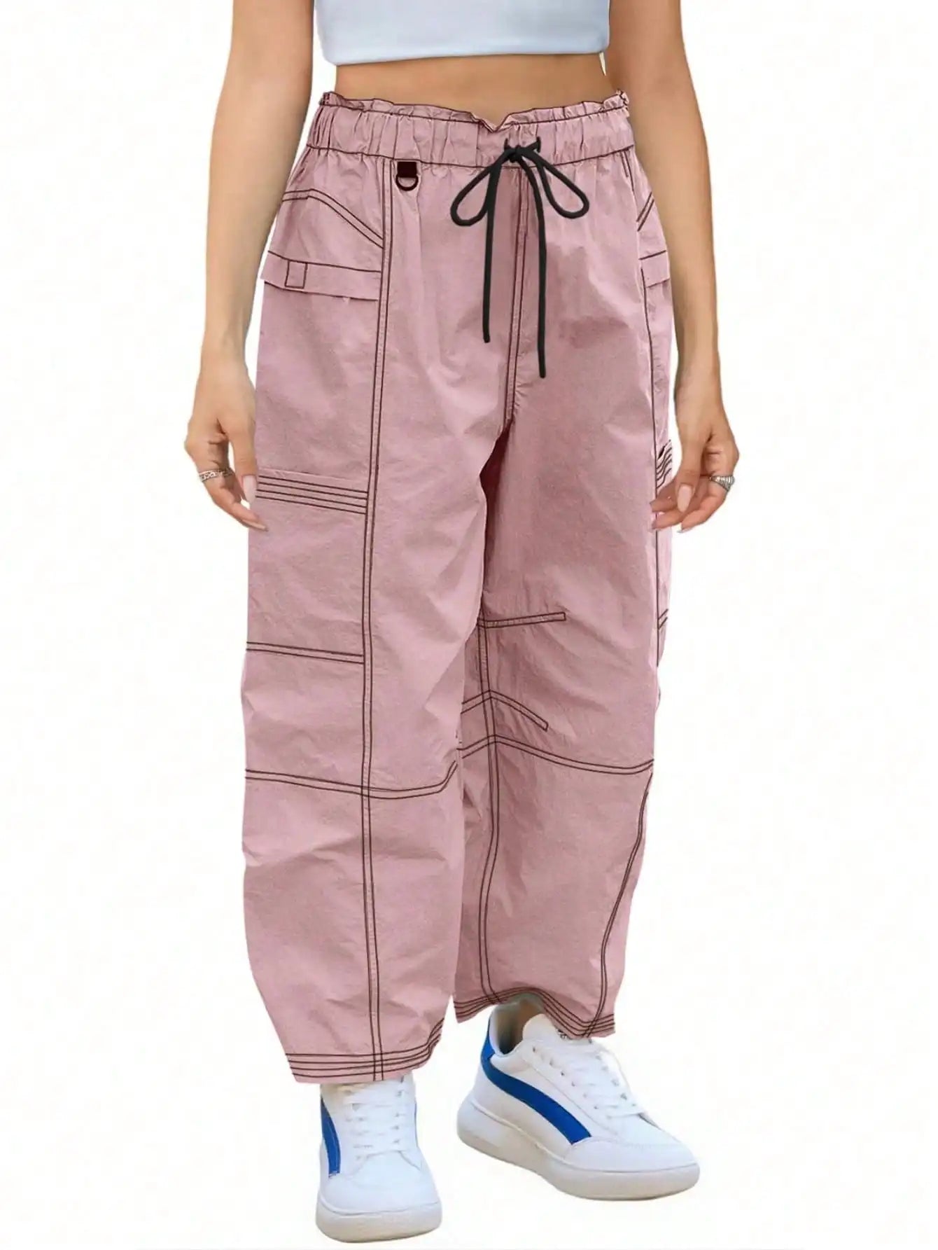 Women's Baggy Cargo Joggers With Pockets - Elastic Waist Lounge Pants  Loose Fit Casual Streetwear Sweatpants Hiking Track Pants
