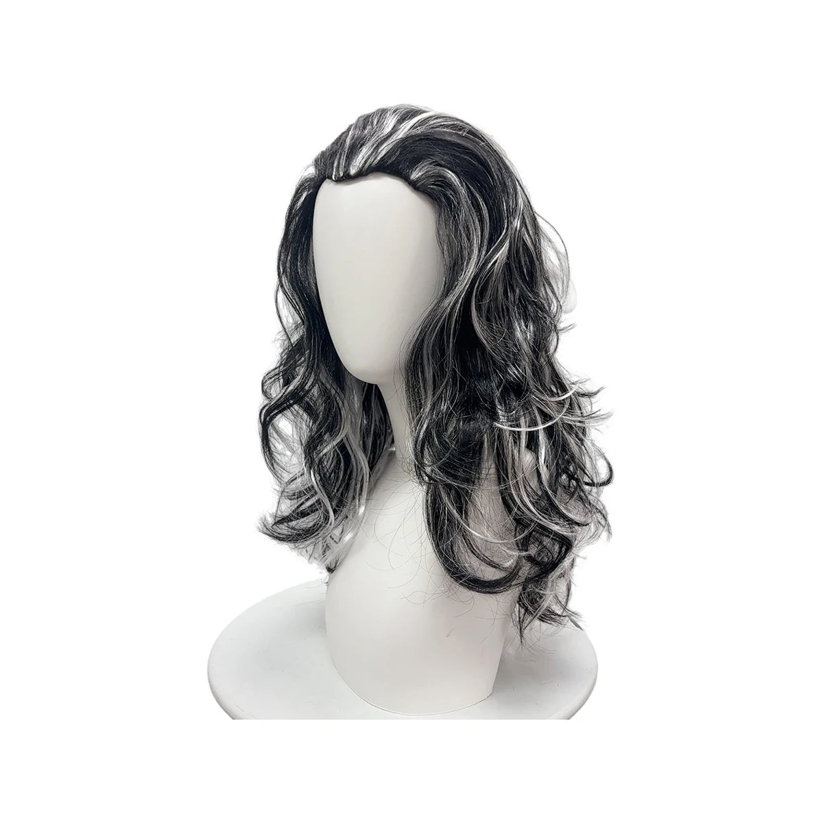 Black Silver White Highlights Premium Synthetic Fiber Long Curly Wig Big Waves Fluffy Voluminous Messy Layered Hair with Bangs Side Part Heat Resistant Adjustable Cap for  Cosplay Party Halloween Costume Role Play Stage Show
