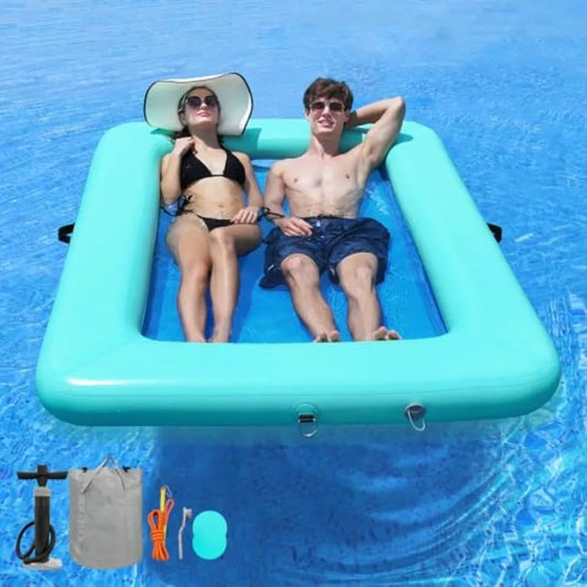 Rectangle Floating Ring 6FT/6.6FT Inflatable Water Hammock Pool Floats for Adults Sunbathing Platform Raft in Blue Durable PVC