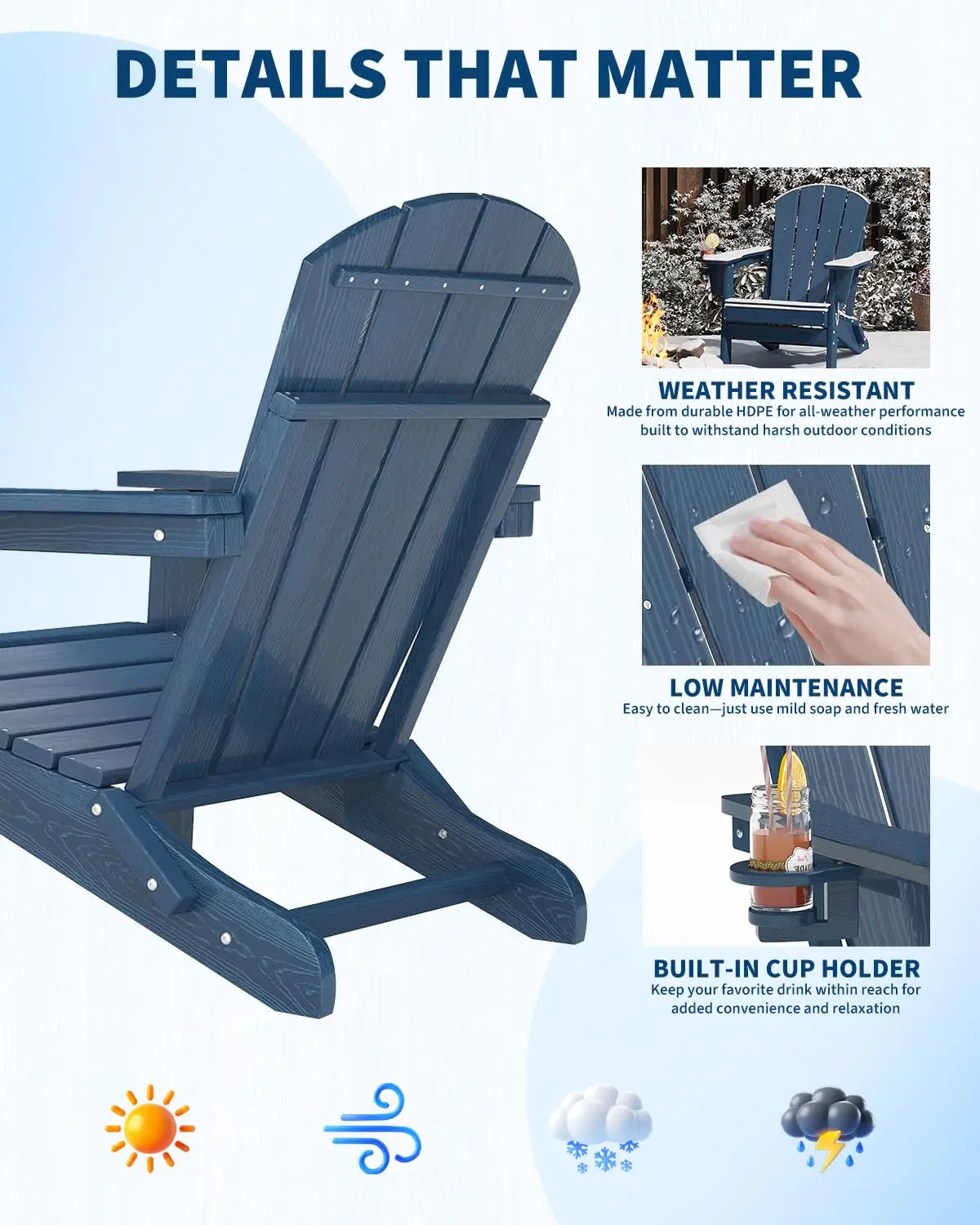 1 PC Folding Adirondack Chair, All-Weather HDPE Outdoor Chair, Wooden Textured with Cup Holder for patios, Decks, Gardens, Fire Pits