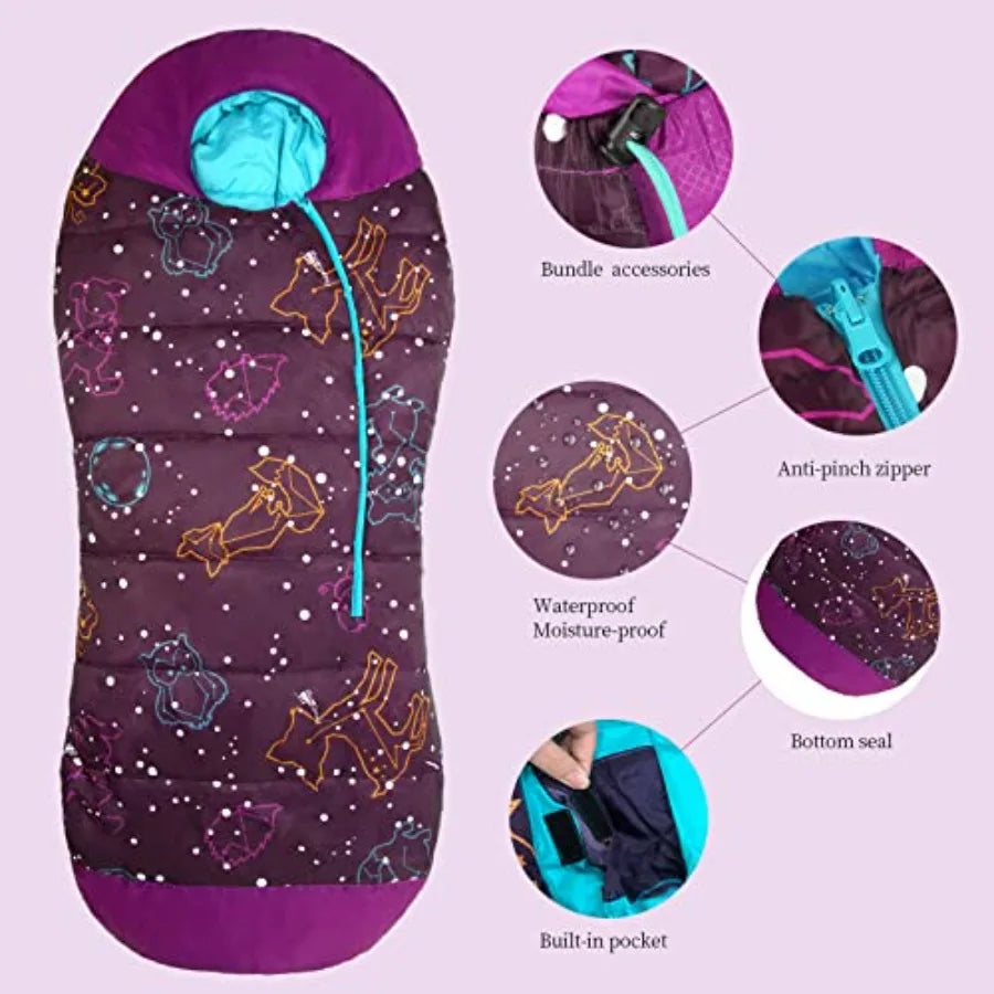 Glow in the Dark Mummy Sleeping Bag for and Youth Temperature Rating 30°F/-1°C Water-Resistant for Camping Hiking and Slumber Party