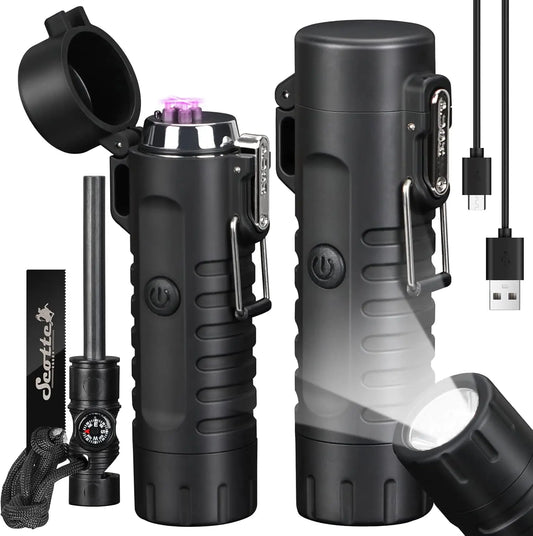 Plasma Windproof Arc Lighter with LED Flashlight - 5-in-1 Magnesium Fire Starter for Camping, Hiking, Survival Kits