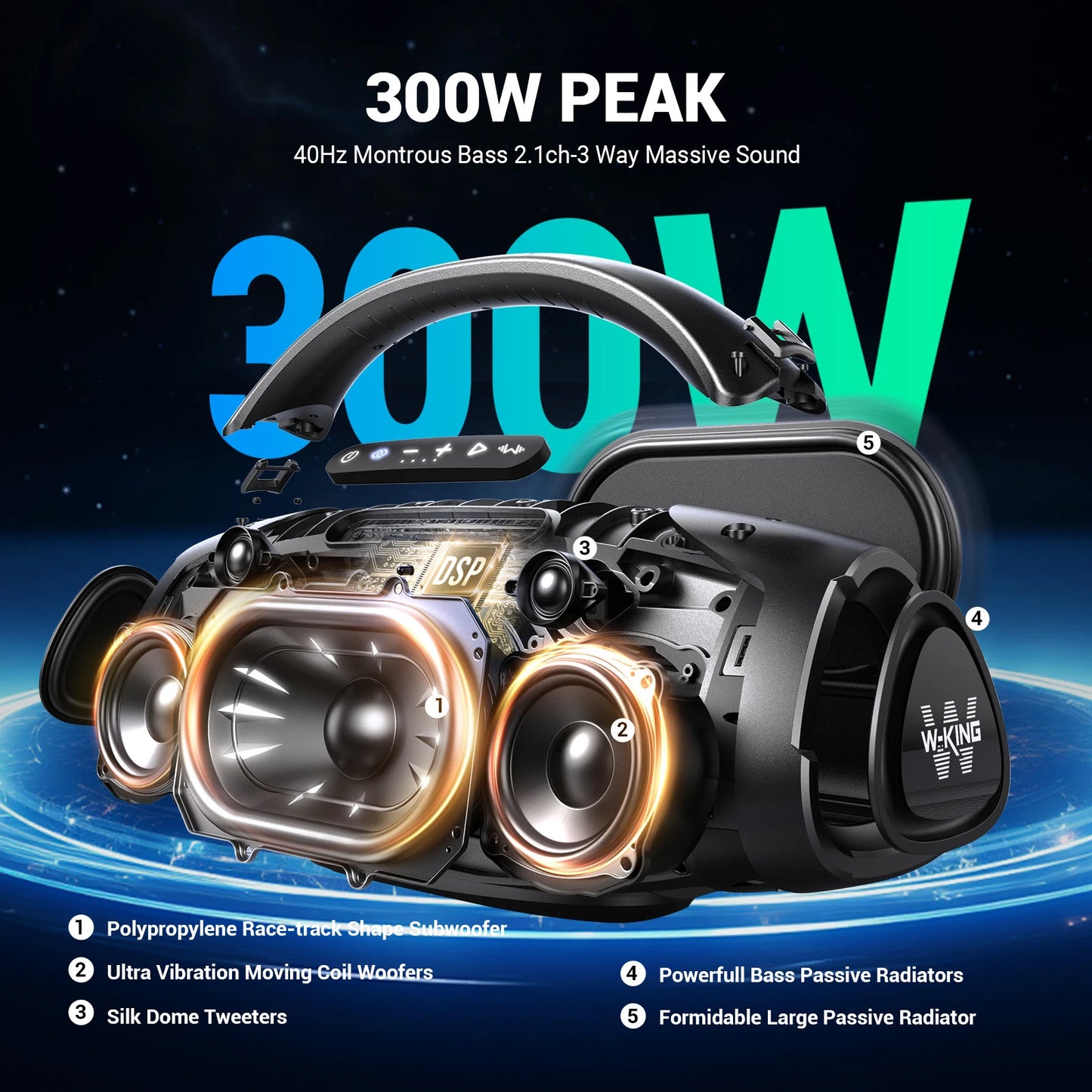 W-KING D20 Portable Bluetooth Speakers, 200W RMS Massive Bass Party Boombox IPX7 Waterproof Speaker Large, 300 Max Outdoor Speaker, BT5.4
