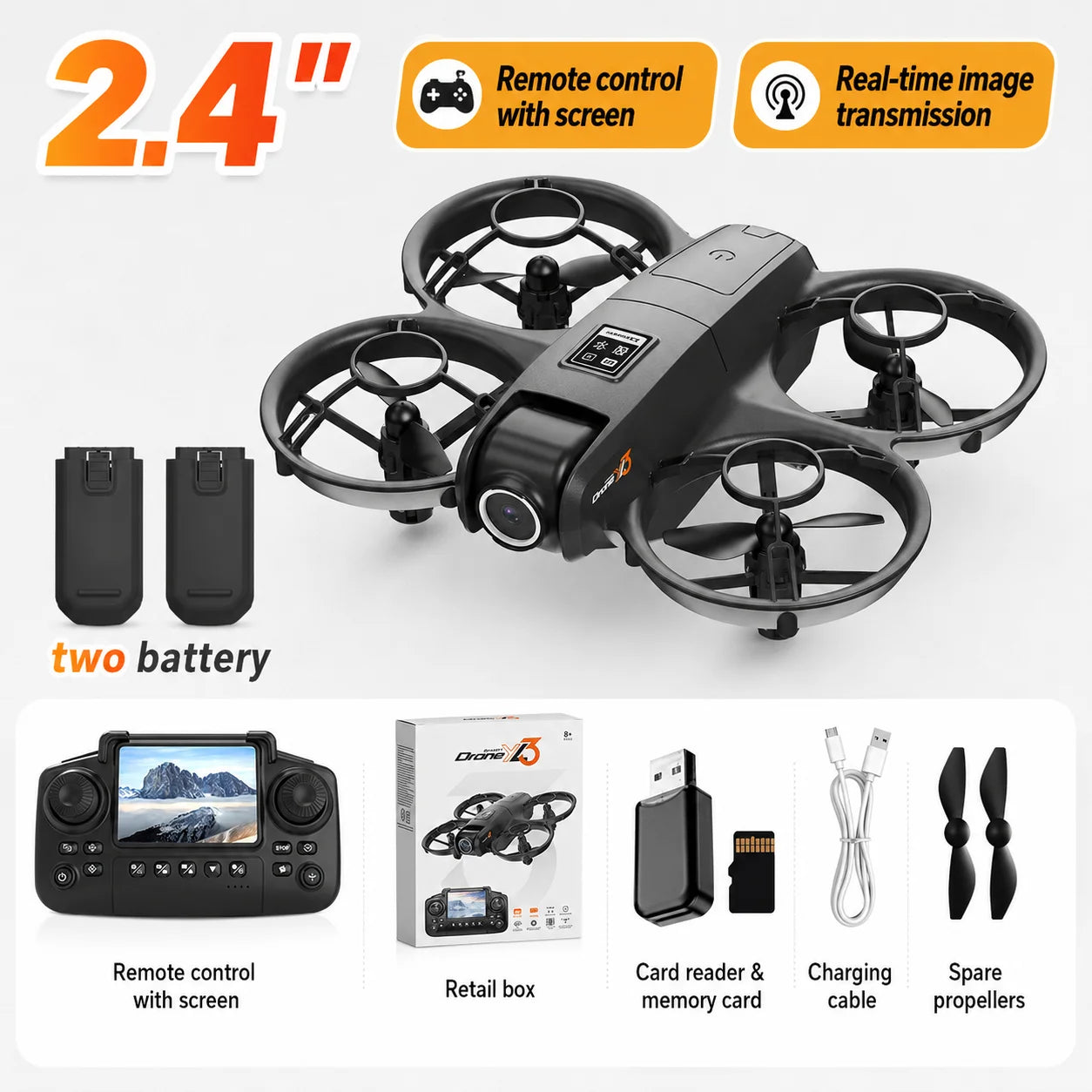 ZNLYRION YL3PK Mini Full Protective Drone With 2.4 Inch Screen Remote Dual Camera Optical Flow Hover 2 Batteries Indoor RC Quadcopter