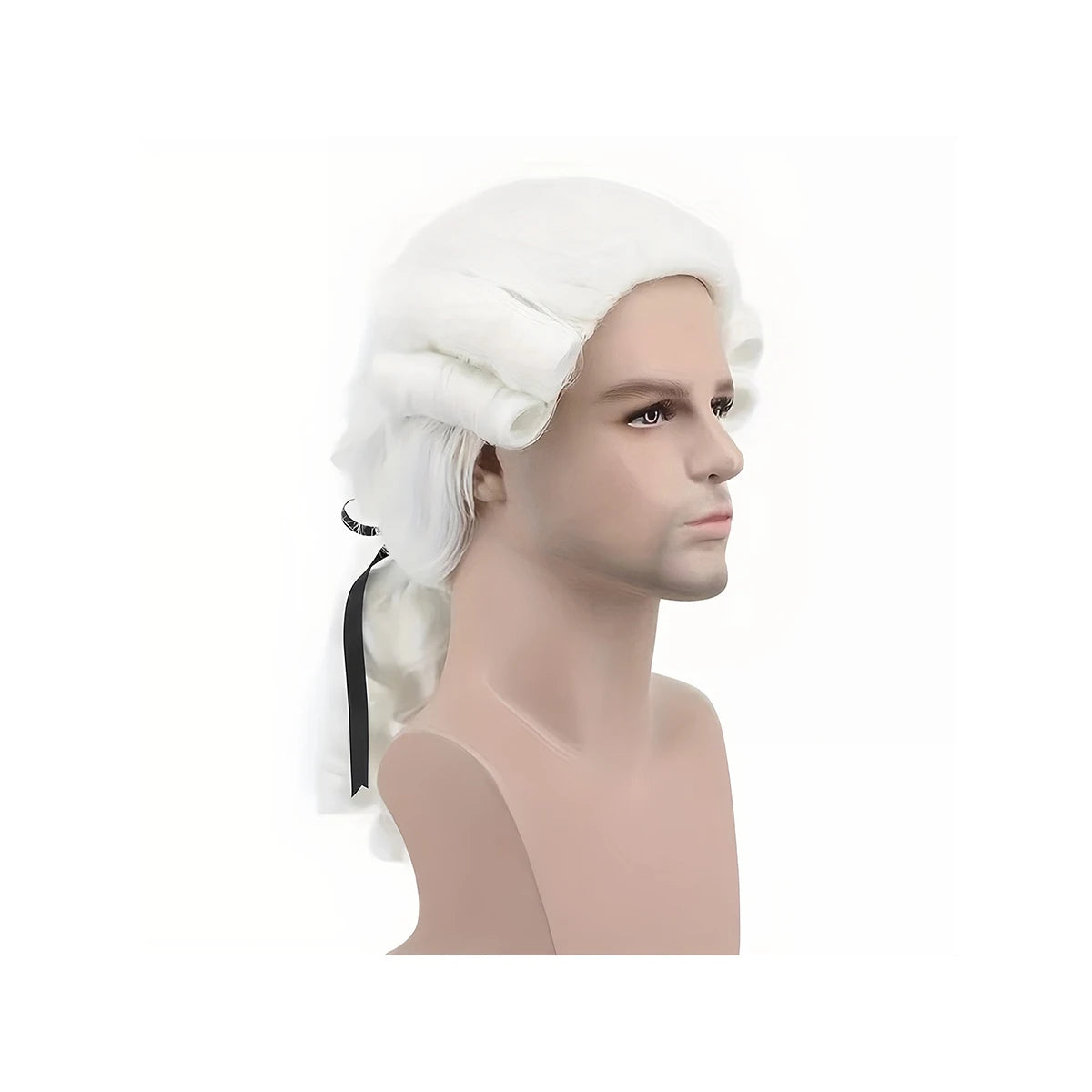 **White Colonial Wig Synthetic Long Curly Ponytail 18th Century Historical Judge Barrister Costume Wig Halloween Cosplay Party