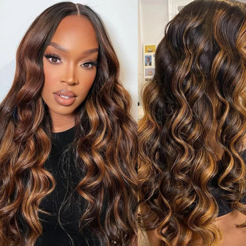 Wigs for Women for Halloween Featuring Ombre Brown Highlights, a Lace Front Made of Human Hair in Shades 1B/30, with a Body Wave Design. These 4X4 Ombre Brown Wigs Have a Natural Appearance, Elegant Style