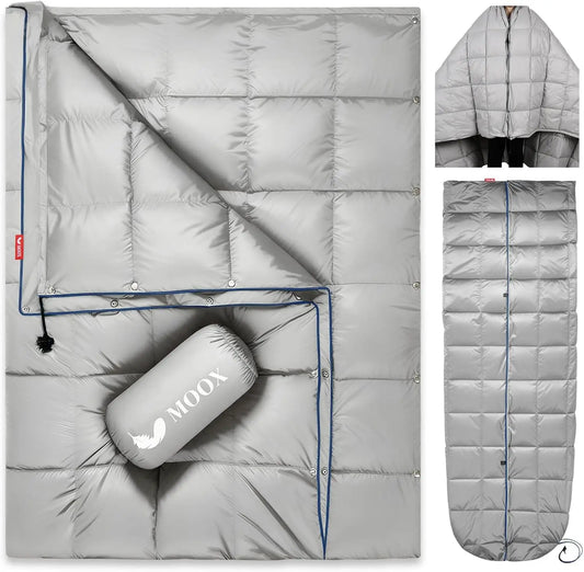 Packable Down Camping Blanket - Lightweight Waterproof Quilt for Backpacking, Hiking, Stadium & Travel, 55x79 Inch Warm Puffy Sleeping Bag Replacement with Water-Resistant Shell, Gray Blue