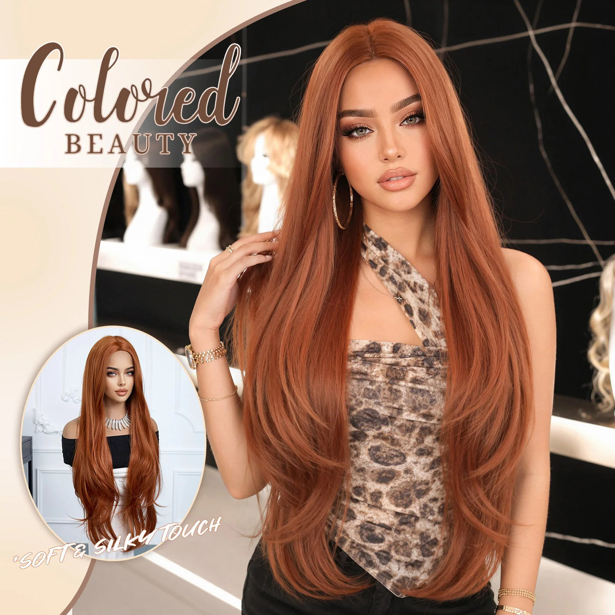 Halloween Wig Brown Synthetic Wig Ginger Orange Long Straight Wig for Woman Heat Resistant Fiber Copper Red Long Layered Straight Middle Part Wig Suitable for Cosplay Party Costumes Daily Wear Natural Looking