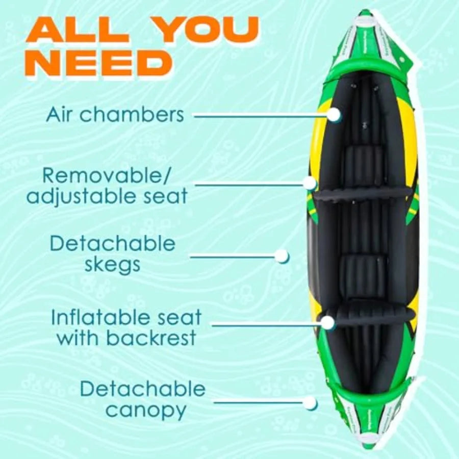 Inflatable Kayak 2 Person with Detachable Sun Canopy Heavy-Duty Tandem Kayak for Adults Reinforced Paddles Waterproof