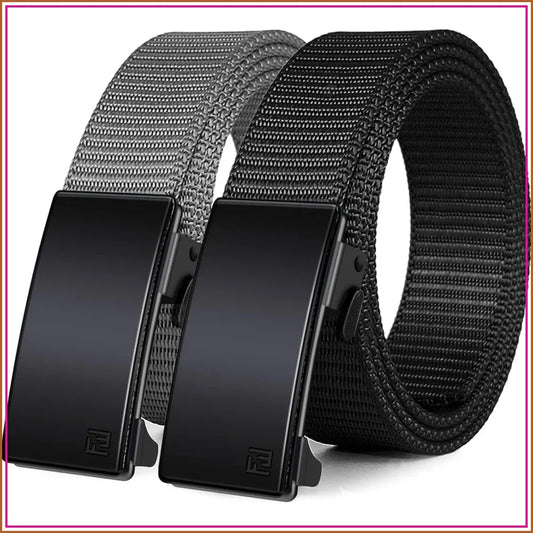 Ratchet Belts for Men 2 Pack Nylon Web No Hole Automatic Buckle Heavy Duty Work Belt for Golf Tactical Outdoor Hiking