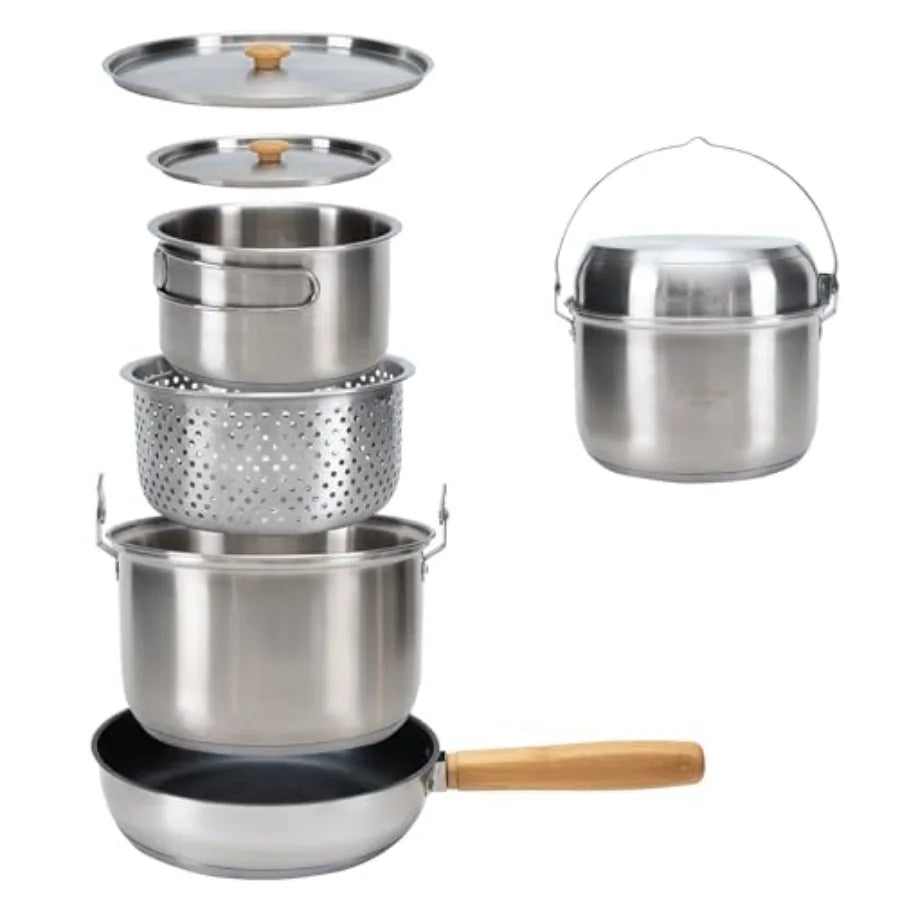 Camping Cookware Set 304 Stainless Steel Campfire Cooking Pots Pan and Kettle with Travel Tote Bag for Camping Outdoor Kitchen