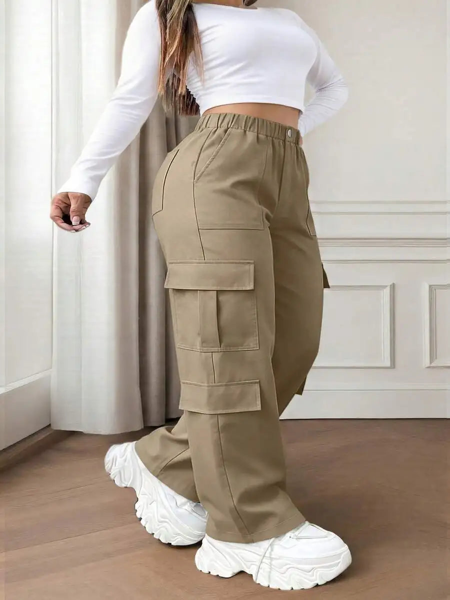 Olive Green Button Pocket Elegant Casual Commute Minimalist Cute Y2K Loose Straight Leg Non-Stretch Lightweight Plus Size Cargo