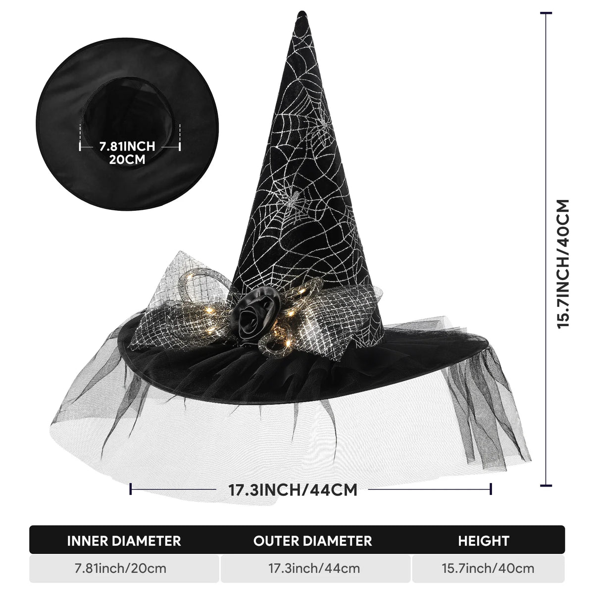 Women Halloween Witch Hat, 6 Styles Black Orange Purple Pointed Witch Hats with Spider Web Lace, Flower, Feather and LED Light Decor, Halloween Party Cosplay Costume Accessory