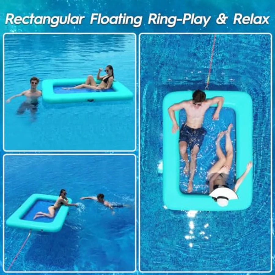 Rectangle Floating Ring 6FT/6.6FT Inflatable Water Hammock Pool Floats for Adults Sunbathing Platform Raft in Blue Durable PVC