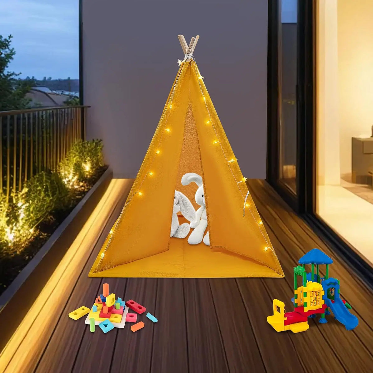 NEW Teepee Tent for Children, Children's Tent with Floor Mat and Fairy Lights, Foldable Cotton Play Tent, Playhouse for Indoor and Outdoor Use, 120 x 120 x 140 cm (Yellow)